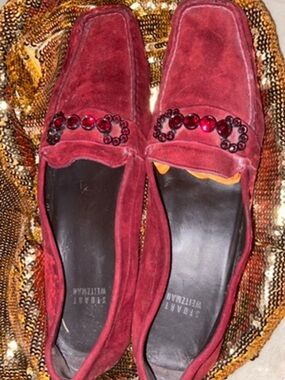 Stuart Weitzman Red Suede Jeweled Loafers